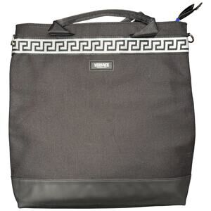 VERSACE Fragrance Black Canvas Tote Bag Top Zip Shoulder Strap Greek Key Travel